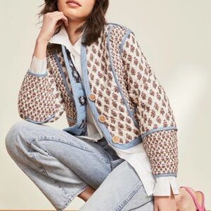 Veronica Beard Cream Floral Quilted Jacket with Blue Trim